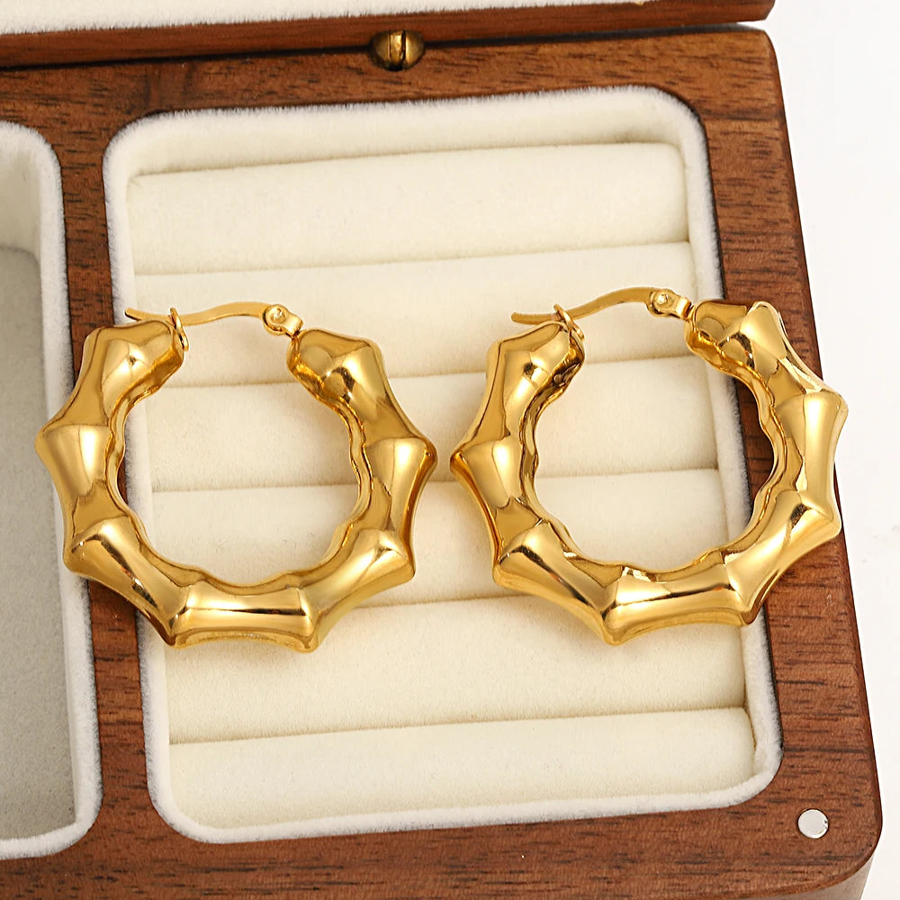 Charm Bamboo Stainless Steel Hoop Earrings for Women Unique Design Chunky Thick Gold Color Hoops Ear Jewelry Gift
