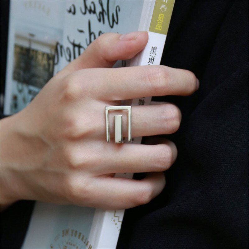 925 Sterling Silver  Geometry  INS Simple Ring Female Fashion Design Rectangular Hollow Flat Open Ring Jewelry