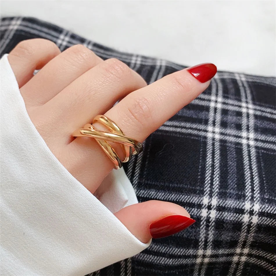 Geometric Newest Stainless Steel Wide Ring for Women Cross Multilayer Party Fine Jewelry Classic Gift Ring for Wedding Simple Jewelry