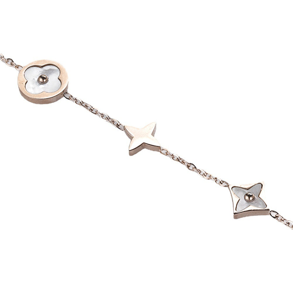 Fashion Trend Four-Leaf Flower-Shaped Shell Stitching Pendant Bracelet Rose Gold Thin Chain Titanium Steel Jewelry