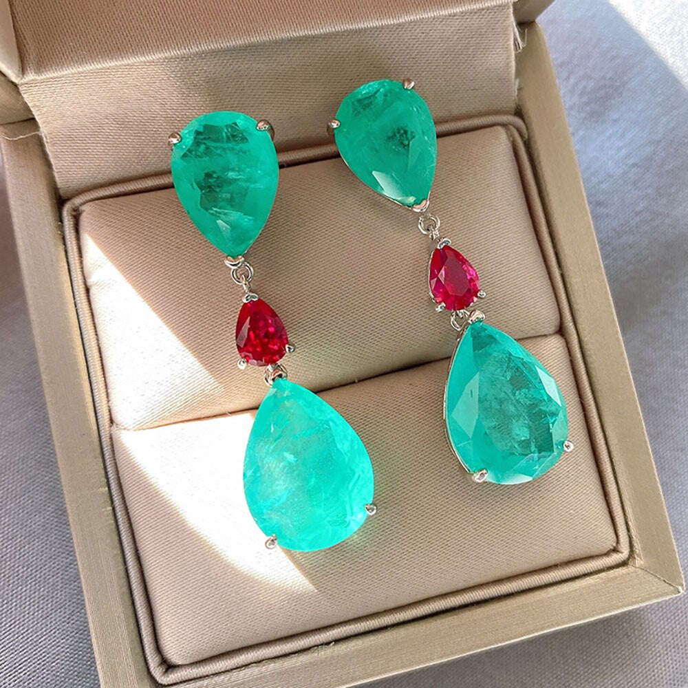 Celebrity inspired Jewelry Vintage Paraiba Tourmaline Emerald and Ruby color Lab grown Gemstone Drop Big Earrings for Women Wedding Earrings Fine Jewelry Accessories Gift