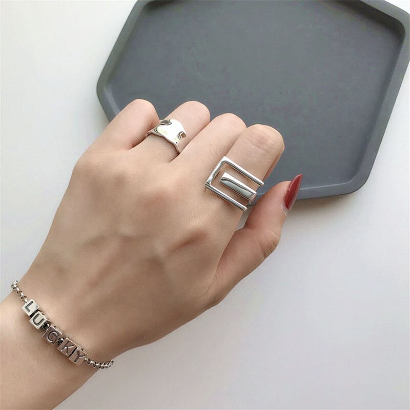 925 Sterling Silver  Geometry  INS Simple Ring Female Fashion Design Rectangular Hollow Flat Open Ring Jewelry