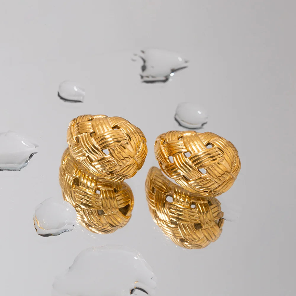 Stainless Steel Woven Texture Water Drop Earring Gold Color Hollow Chunky Vintage Daily Fashion Jewelry for Women New In