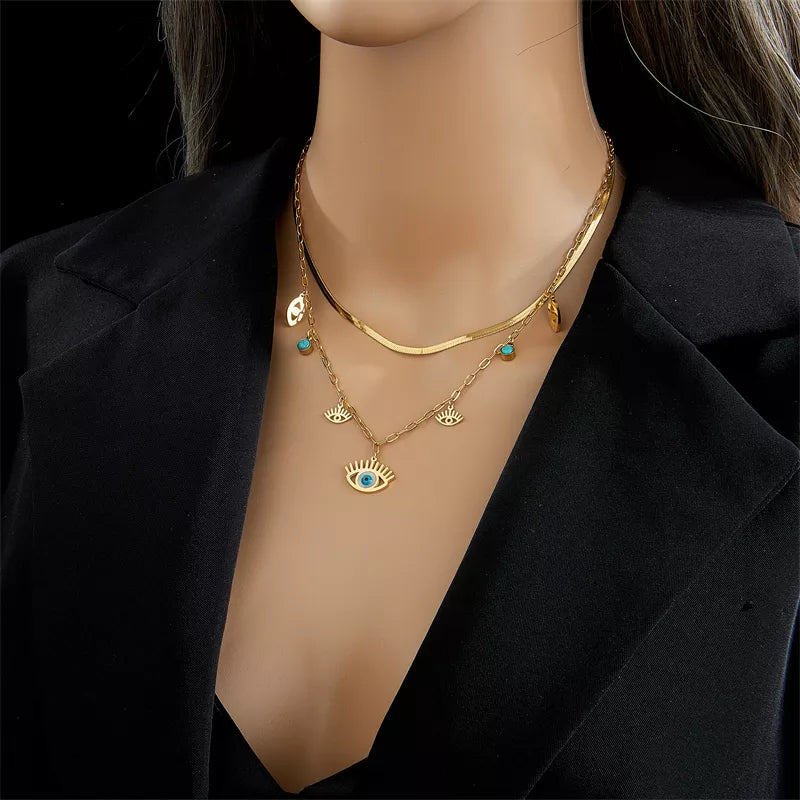 Collier Pendentif Œil Bleu en Acier Inoxydable d'inspiration Cléopâtre pour Femmes, Bijou de Mode Couleur Or, Accessoire de Fête de Mariage pour Filles
