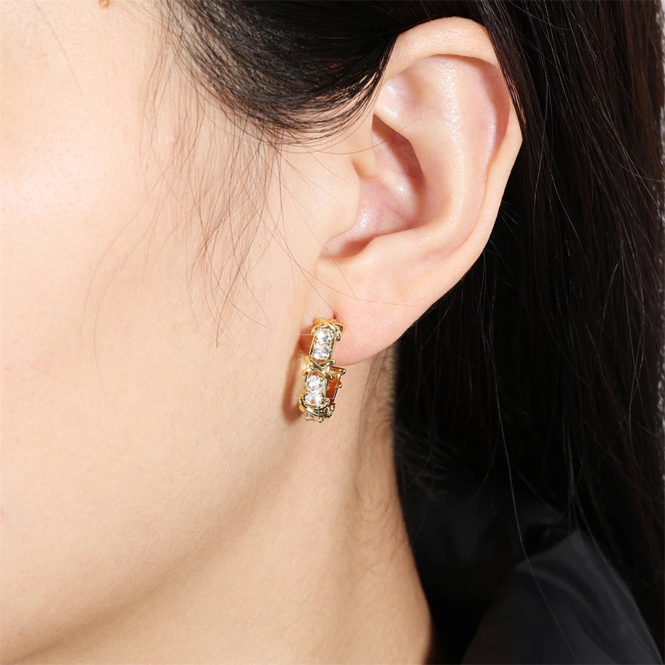 Vintage CC Design Hoop Earrings for Women Korean Fashion X Cross Zircon Earring Engagement Jewelry Gift
