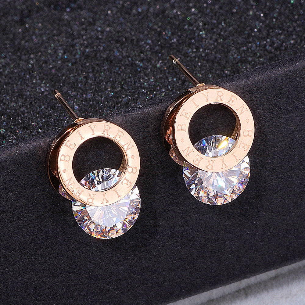 Boucles d'oreilles clous tendance en Zirconium AAA couleur Or Rose en Acier Inoxydable 316L Brincos pour Femme Bijoux de Mode Inoxydables WX028
