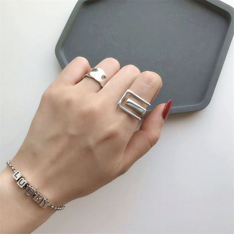 925 Sterling Silver  Geometry  INS Simple Ring Female Fashion Design Rectangular Hollow Flat Open Ring Jewelry