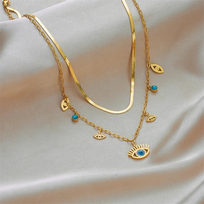 Collier Pendentif Œil Bleu en Acier Inoxydable d'inspiration Cléopâtre pour Femmes, Bijou de Mode Couleur Or, Accessoire de Fête de Mariage pour Filles
