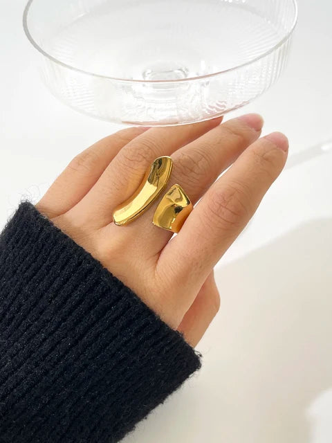 Geometric Gold Plated Irregular Wide Open Ring for Lady Stainless Steel Non-Tarnish Chunky Statement Rings Jewelry