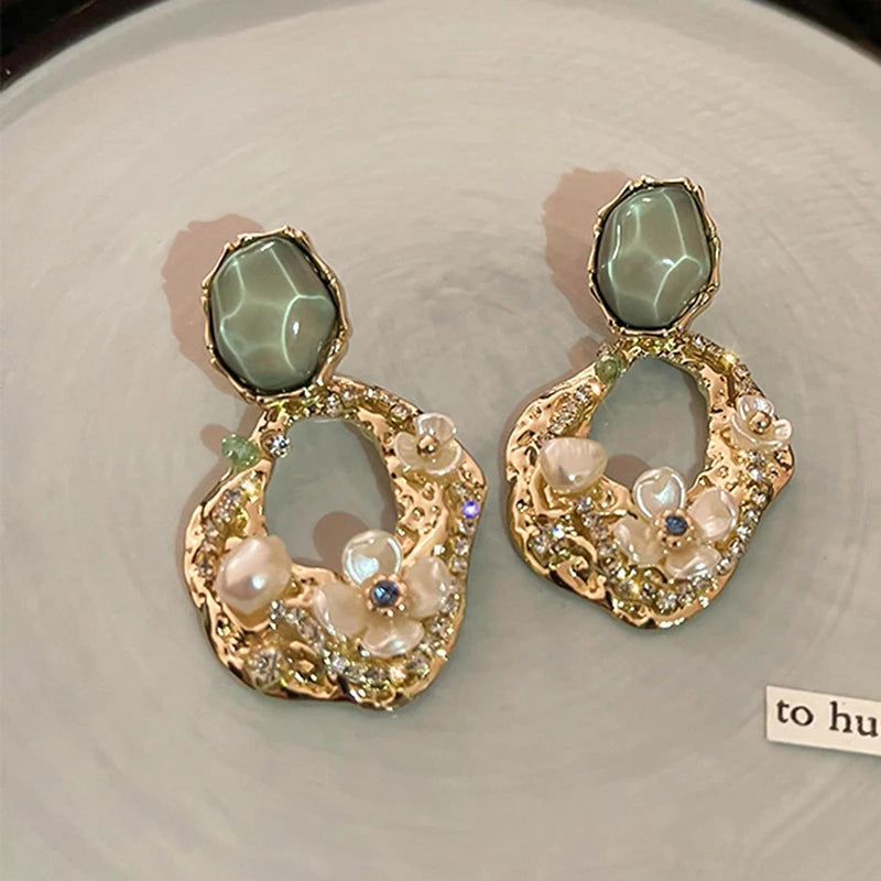 Aesthetic Zircon Flower Hanging Earrings for Women Gold Color Big Drop Women's Earrings Party Trending Jewelry Gift