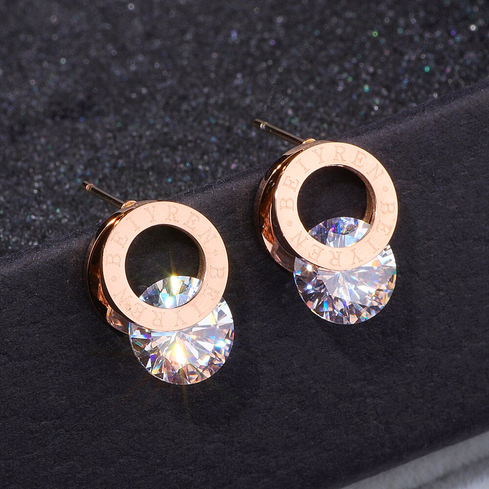 Boucles d'oreilles clous tendance en Zirconium AAA couleur Or Rose en Acier Inoxydable 316L Brincos pour Femme Bijoux de Mode Inoxydables WX028