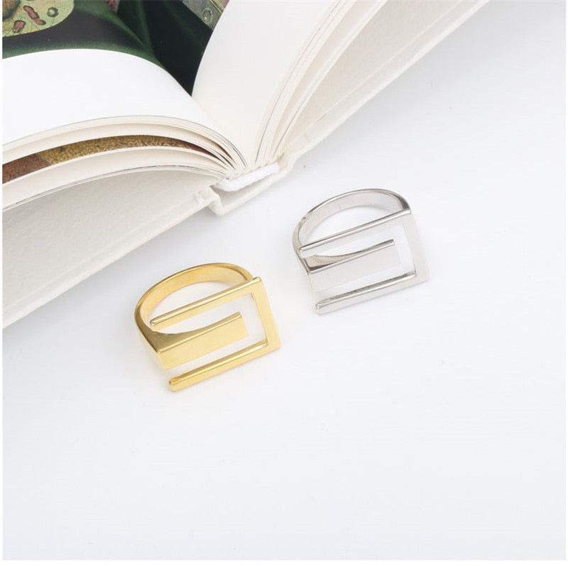925 Sterling Silver  Geometry  INS Simple Ring Female Fashion Design Rectangular Hollow Flat Open Ring Jewelry