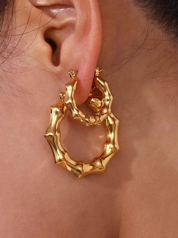 Charm Bamboo Stainless Steel Hoop Earrings for Women Unique Design Chunky Thick Gold Color Hoops Ear Jewelry Gift
