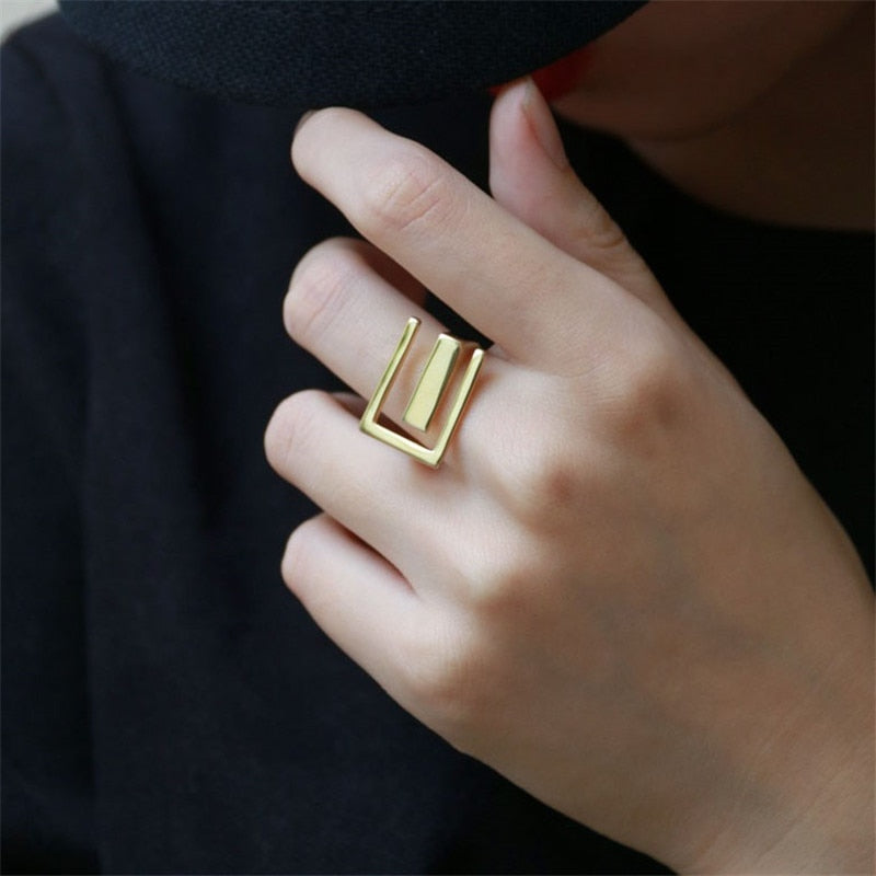 925 Sterling Silver  Geometry  INS Simple Ring Female Fashion Design Rectangular Hollow Flat Open Ring Jewelry