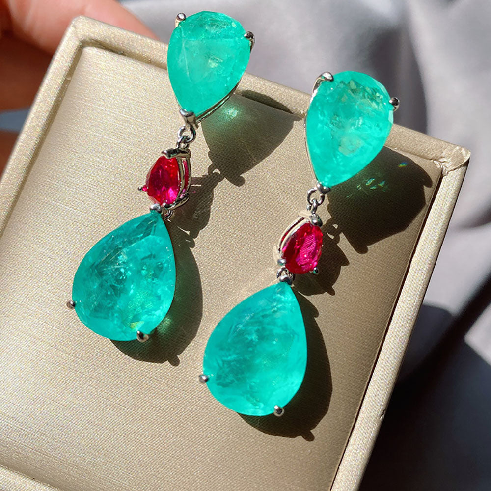 Celebrity inspired Jewelry Vintage Paraiba Tourmaline Emerald and Ruby color Lab grown Gemstone Drop Big Earrings for Women Wedding Earrings Fine Jewelry Accessories Gift