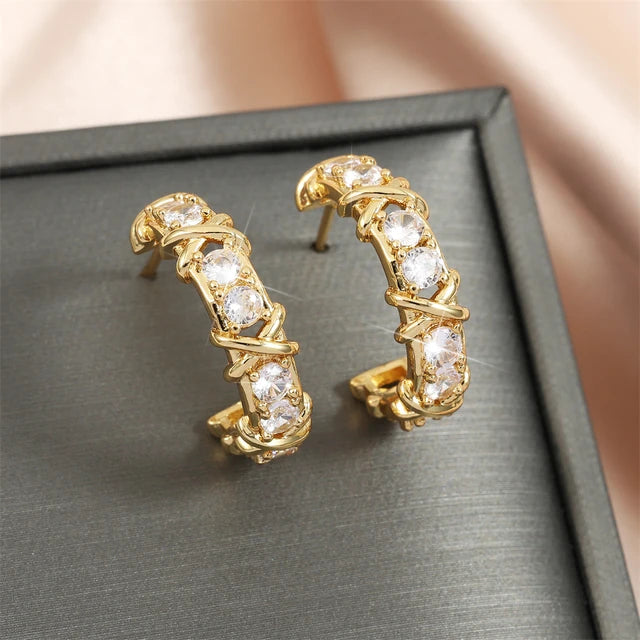 Vintage CC Design Hoop Earrings for Women Korean Fashion X Cross Zircon Earring Engagement Jewelry Gift