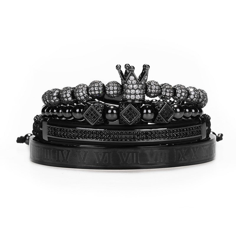 Classical Handmade Braiding Bracelet Gold Hip Hop Men Pave CZ Zircon Crown Roman Numeral Bracelet  Luxury Jewelry