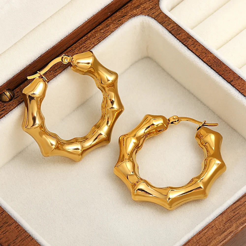 Charm Bamboo Stainless Steel Hoop Earrings for Women Unique Design Chunky Thick Gold Color Hoops Ear Jewelry Gift