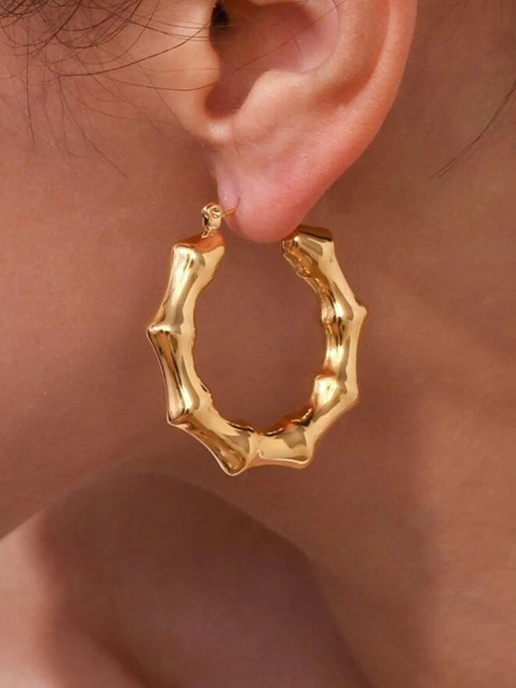Charm Bamboo Stainless Steel Hoop Earrings for Women Unique Design Chunky Thick Gold Color Hoops Ear Jewelry Gift