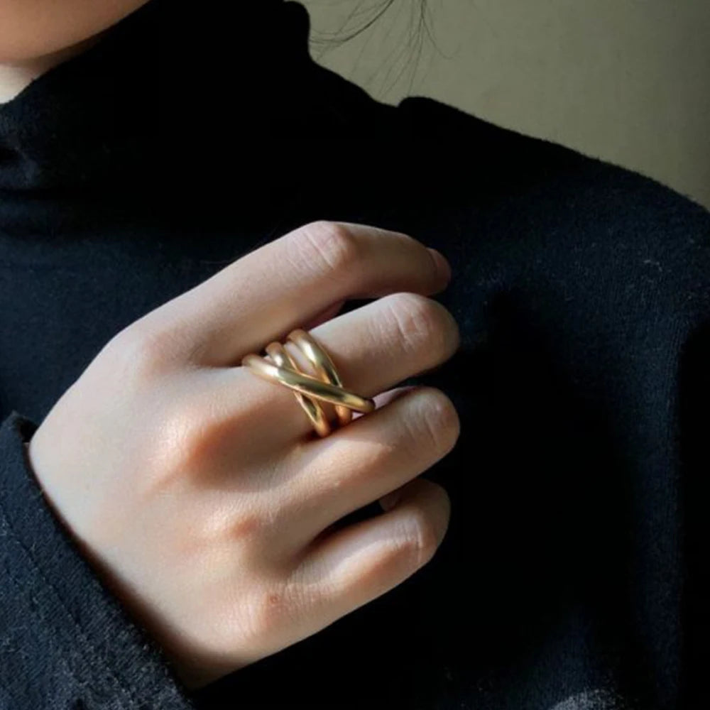 Geometric Newest Stainless Steel Wide Ring for Women Cross Multilayer Party Fine Jewelry Classic Gift Ring for Wedding Simple Jewelry