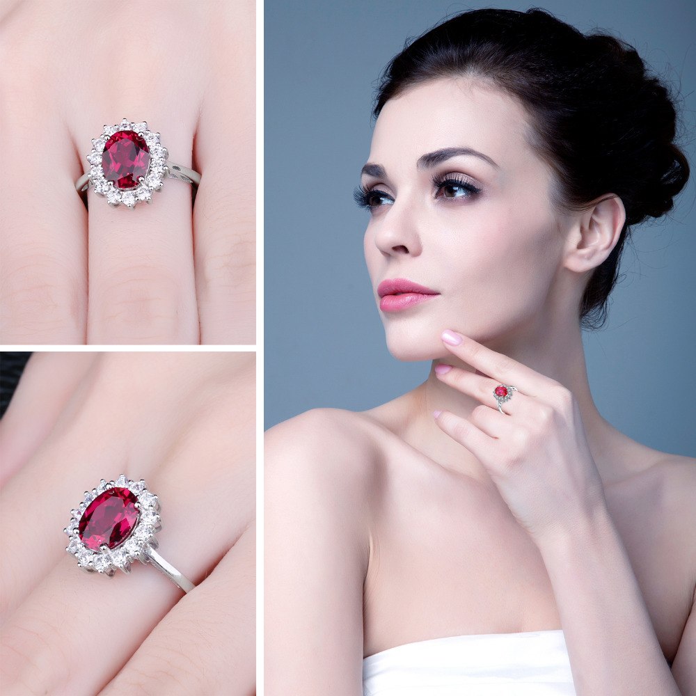 Princess Diana William Engagement Wedding Created Red Ruby Ring Set Pure  925 Sterling Silver Jewelry