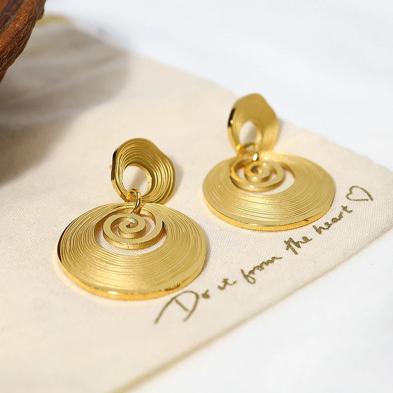 Fashion  Stainless Steel Gold Color Round Drop Dangle Earrings For Women Girl Hollow Geometric Ear Piercing Jewelry Party