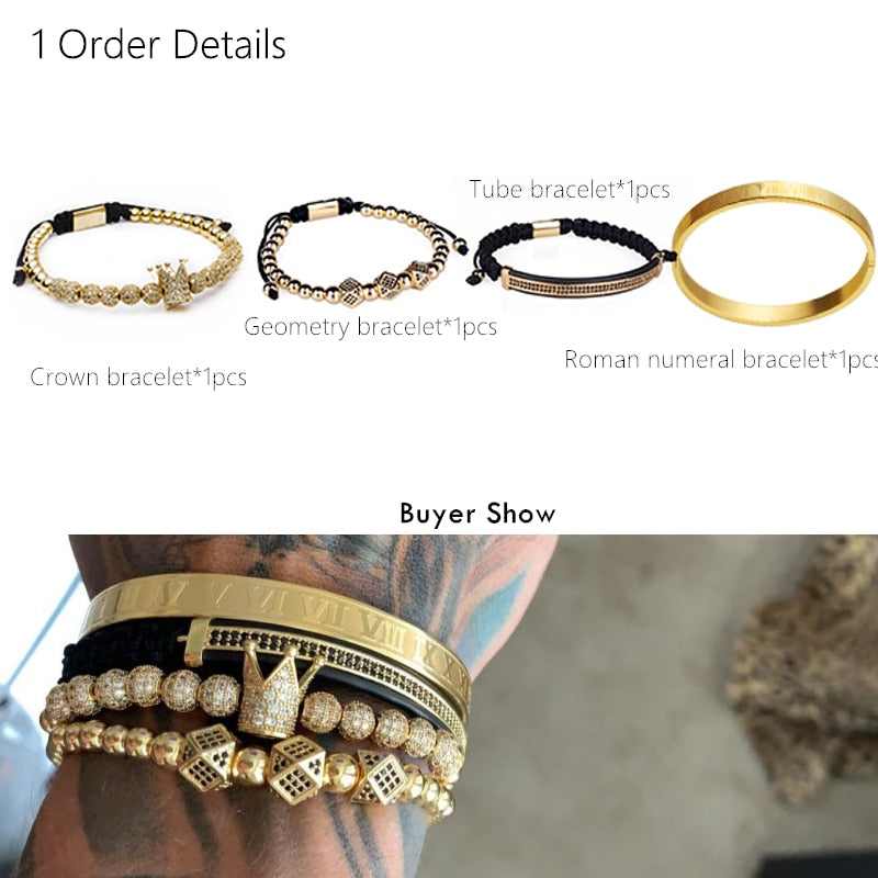 Classical Handmade Braiding Bracelet Gold Hip Hop Men Pave CZ Zircon Crown Roman Numeral Bracelet  Luxury Jewelry