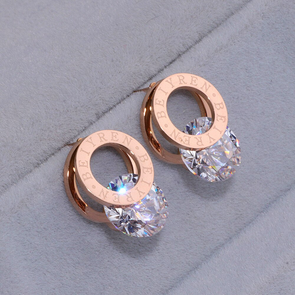 Trendy Shine AAA Zirconia Rose Gold-Color 316L Stainless Steel Stud Earrings Brincos For Women Fashion Jewelry Never Fade WX028
