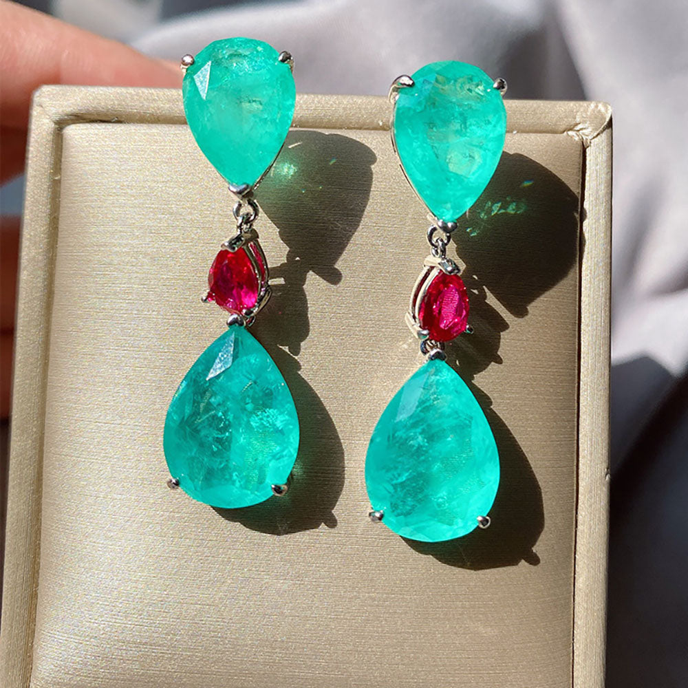 Celebrity inspired Jewelry Vintage Paraiba Tourmaline Emerald and Ruby color Lab grown Gemstone Drop Big Earrings for Women Wedding Earrings Fine Jewelry Accessories Gift