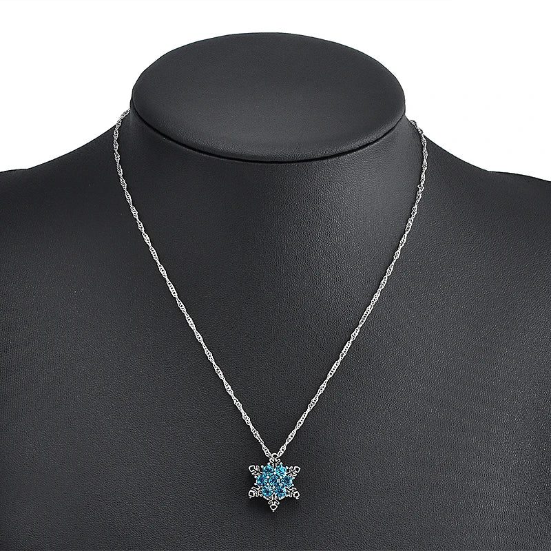 Charm Vintage lady Blue Crystal Snowflake Zircon Flower Silver Necklaces & Pendants Jewelry gift for Women girls Wholesale