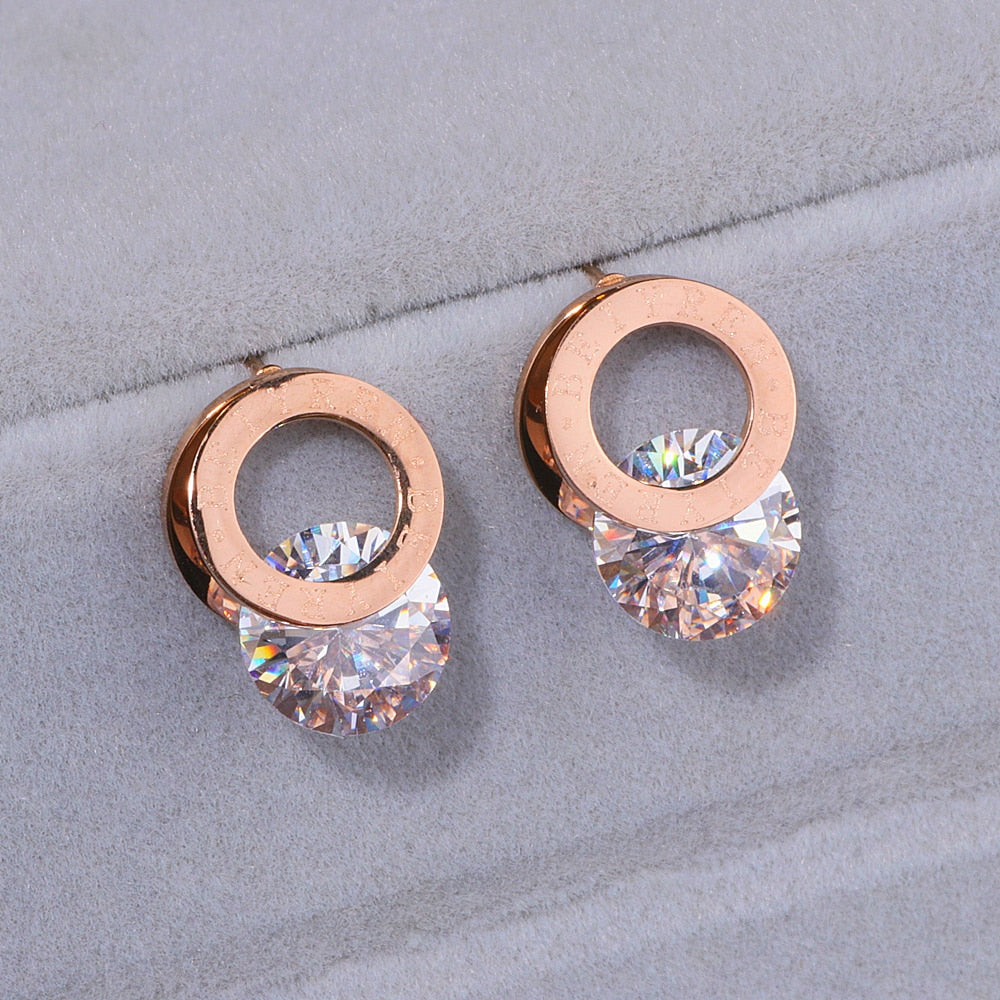 Boucles d'oreilles clous tendance en Zirconium AAA couleur Or Rose en Acier Inoxydable 316L Brincos pour Femme Bijoux de Mode Inoxydables WX028