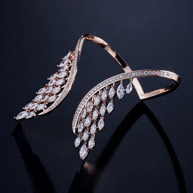 Crystal Angel Wing Open Cuff Bracelet for Women Fashion Feather Shape Adjustable Bracelets Bridal Wedding Jewelry  New
