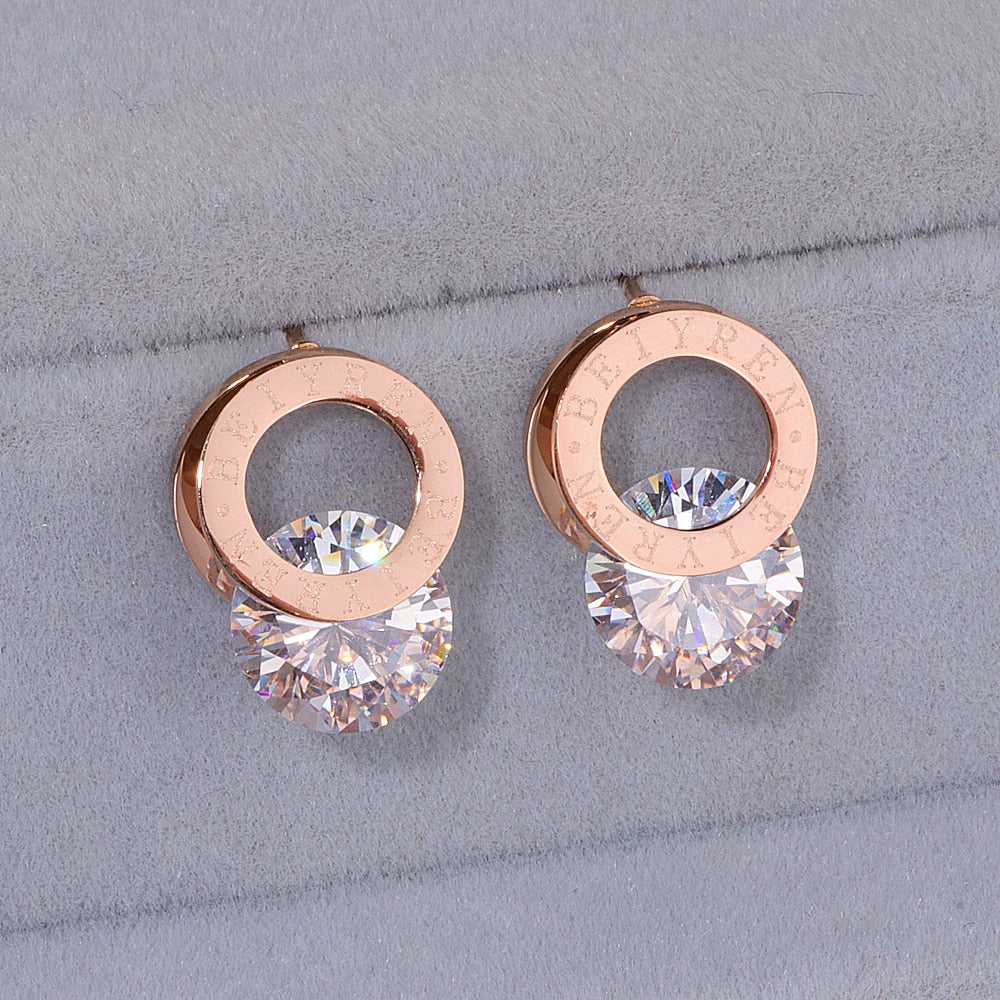 Trendy Shine AAA Zirconia Rose Gold-Color 316L Stainless Steel Stud Earrings Brincos For Women Fashion Jewelry Never Fade WX028