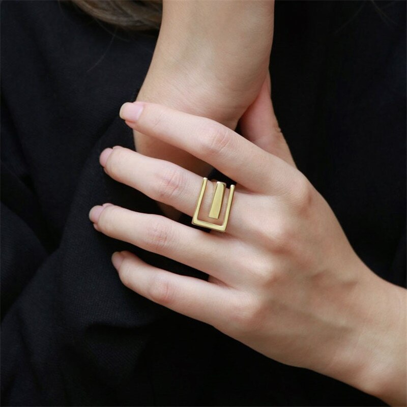 925 Sterling Silver  Geometry  INS Simple Ring Female Fashion Design Rectangular Hollow Flat Open Ring Jewelry