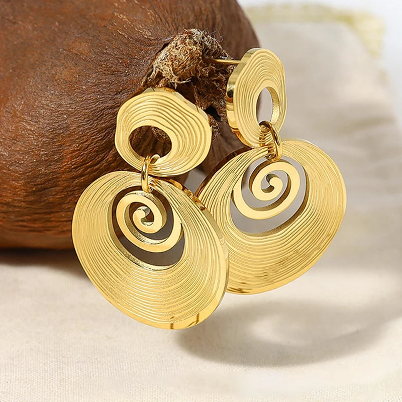 Fashion  Stainless Steel Gold Color Round Drop Dangle Earrings For Women Girl Hollow Geometric Ear Piercing Jewelry Party