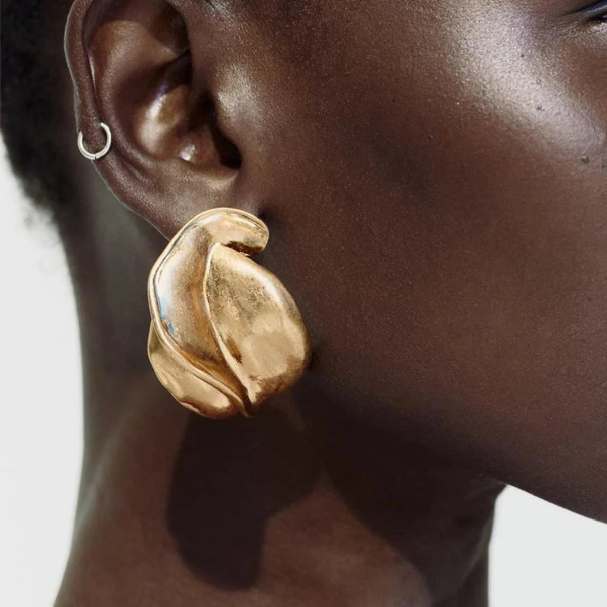 Vintage Metal Texture Irregular Leaf-shaped Geometric Large Earring for Women Statement Chunky Trend Jewelry  New