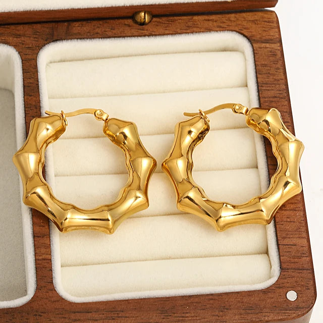 Charm Bamboo Stainless Steel Hoop Earrings for Women Unique Design Chunky Thick Gold Color Hoops Ear Jewelry Gift
