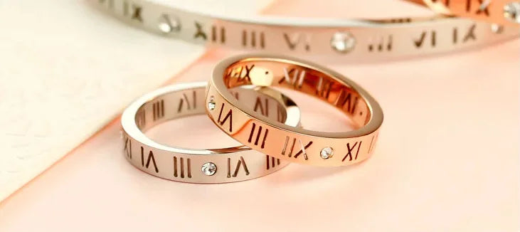 Fashion jewelry elegant temperament of hollow out lucky Roman numerals rose gold plating titanium steel ring