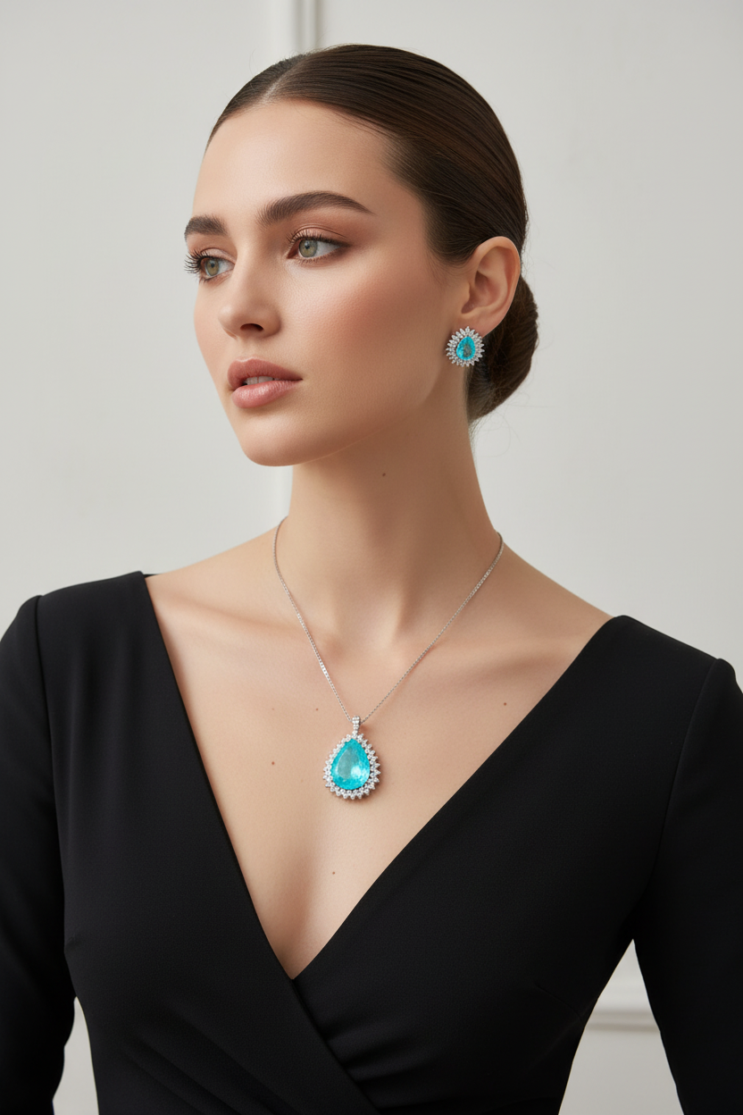 Paraiba Tourmaline Blue and Green  Emerald Stone infusion Pendant Necklace Stud Earrings Lab Diamond Chains Jewelry Set Beautiful Gift for Women