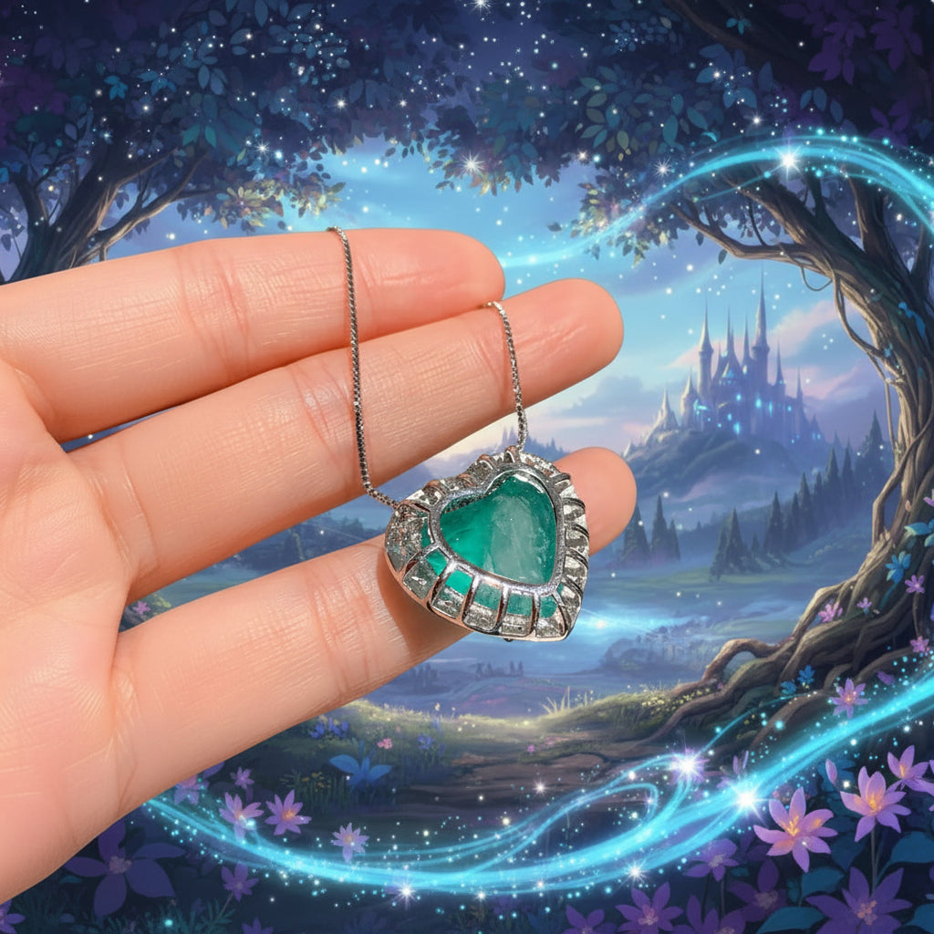 Heart-shaped green gemstone pendant on a silver chain held by a hand.