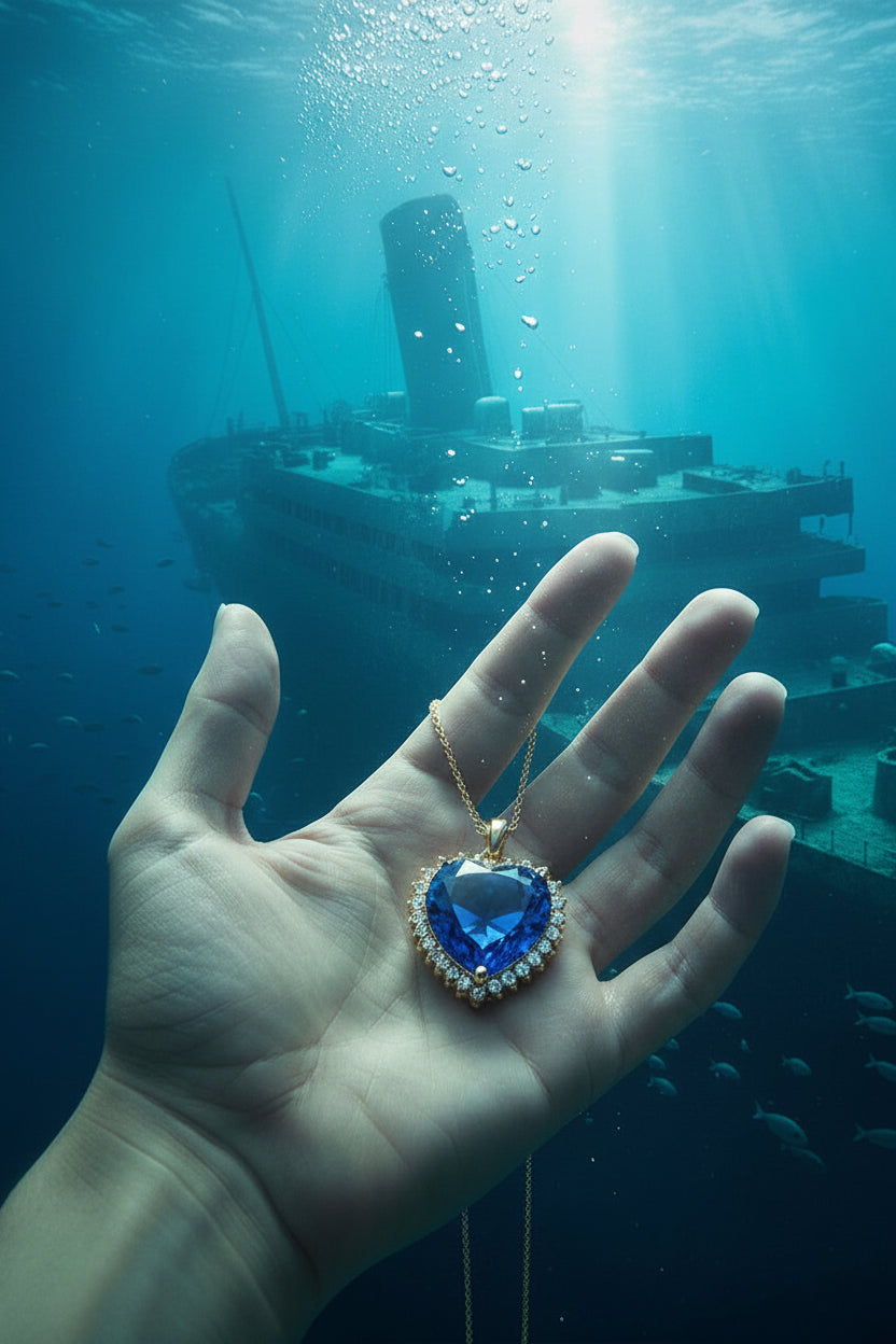 Hand holding a blue heart-shaped object underwater with a sunken ship in the background