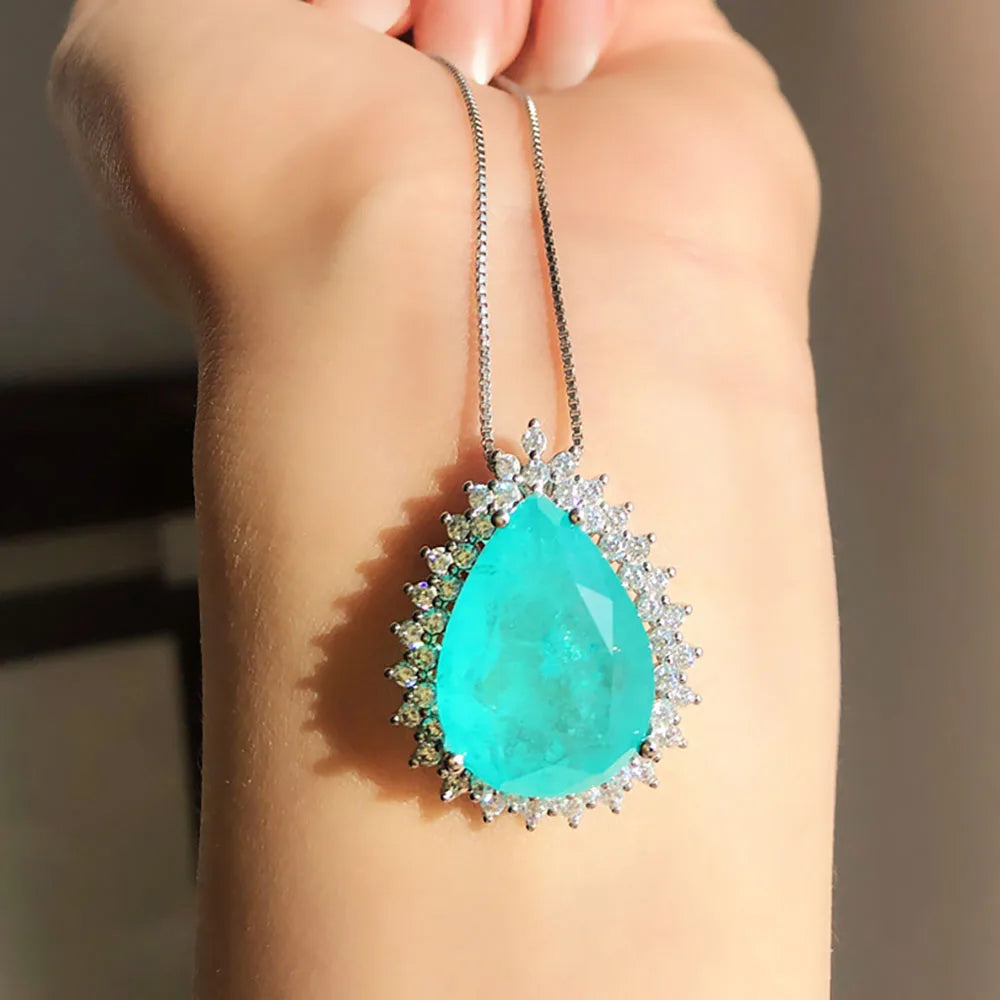 Paraiba Tourmaline Blue and Green  Emerald Stone infusion Pendant Necklace Stud Earrings Lab Diamond Chains Jewelry Set Beautiful Gift for Women