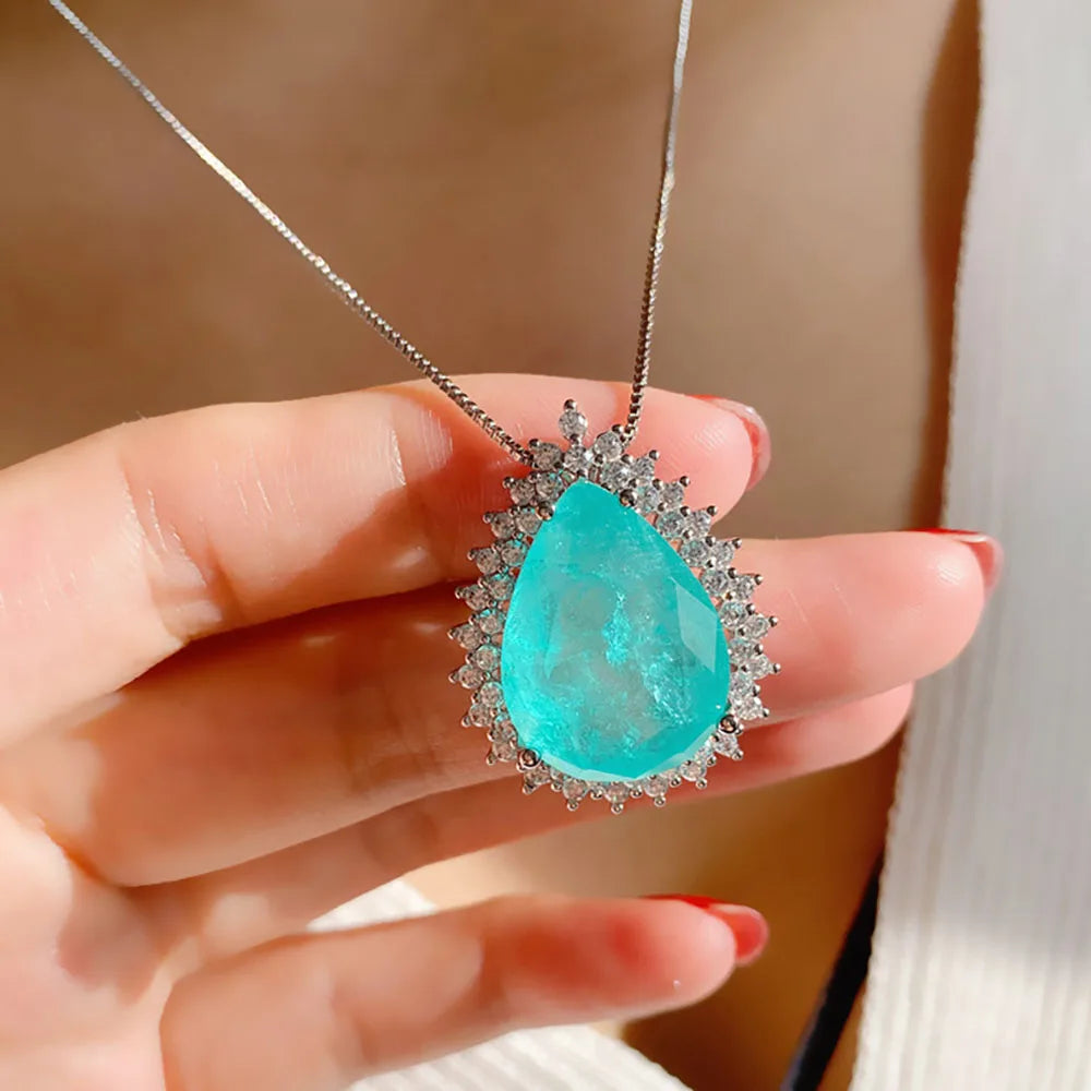 Paraiba Tourmaline Blue and Green  Emerald Stone infusion Pendant Necklace Stud Earrings Lab Diamond Chains Jewelry Set Beautiful Gift for Women
