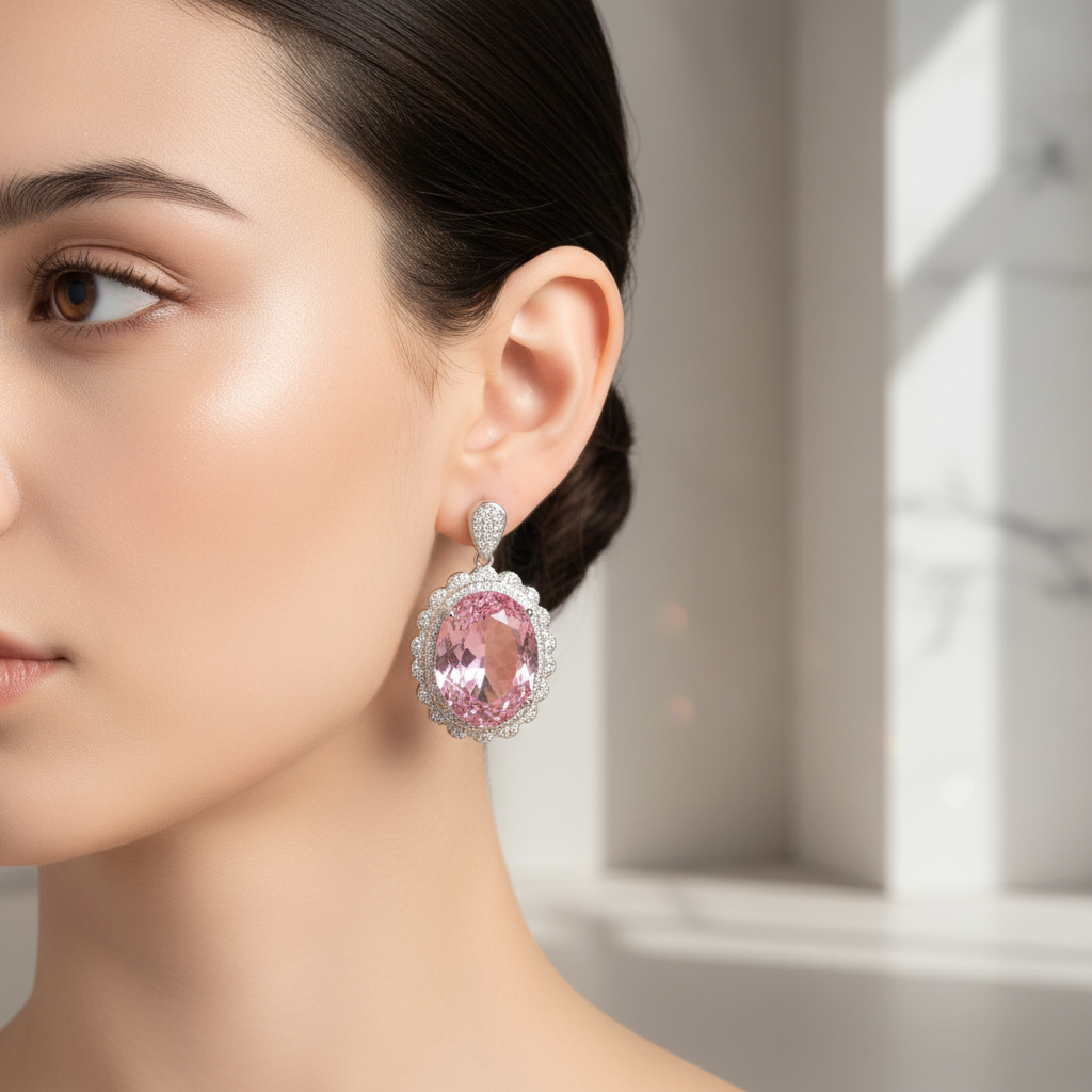 Close-up of a woman wearing a pink gemstone earring with a blurred background