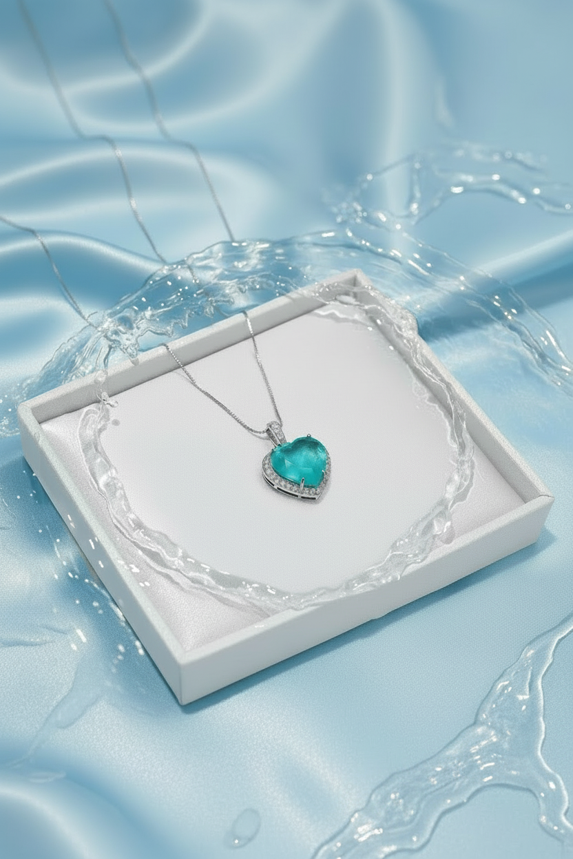 Frozen Princess Heart Paraiba Tourmaline Jewellery Set – Cracked Ice Crystal Pendant Necklace & Earrings