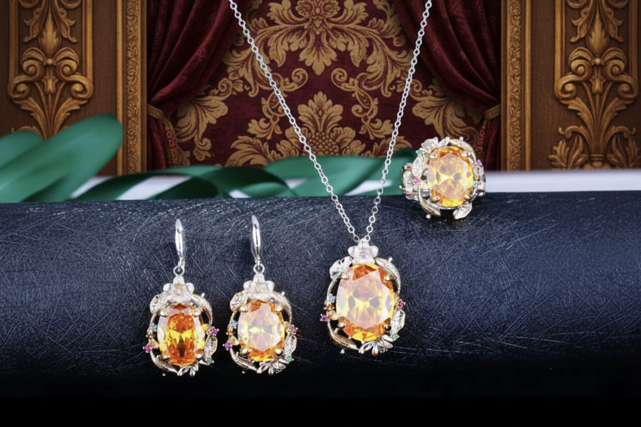 Queen Victoria Inspired Vintage Jewelry Set Yellow Canary Crystal Citrine Adjustable Ring 925 Plated Zircon