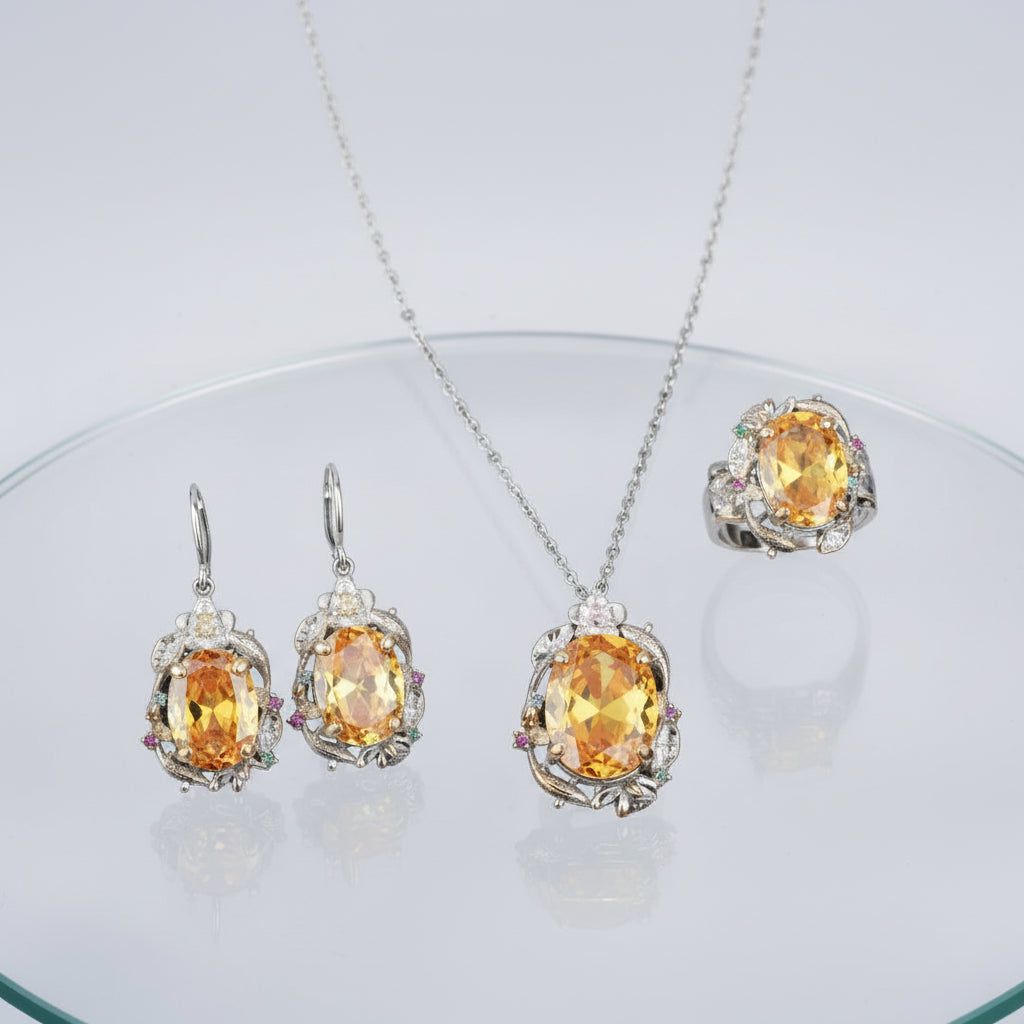 Queen Victoria Inspired Vintage Jewelry Set Yellow Canary Crystal Citrine Adjustable Ring 925 Plated Zircon