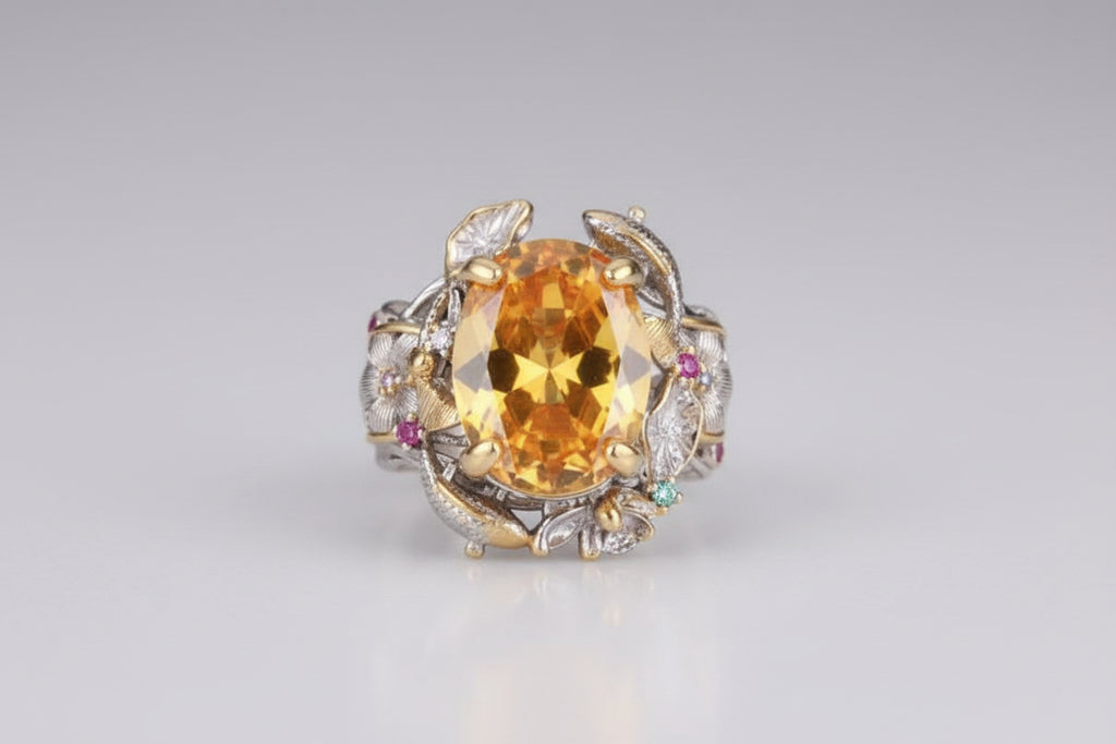 Queen Victoria Inspired Vintage Jewelry Set Yellow Canary Crystal Citrine Adjustable Ring 925 Plated Zircon