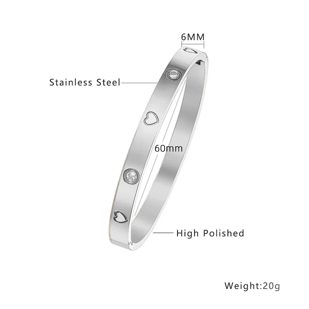 Heart CZ Bangle  Unisex Stainless Steel Cuff Bracelet for Women & Men