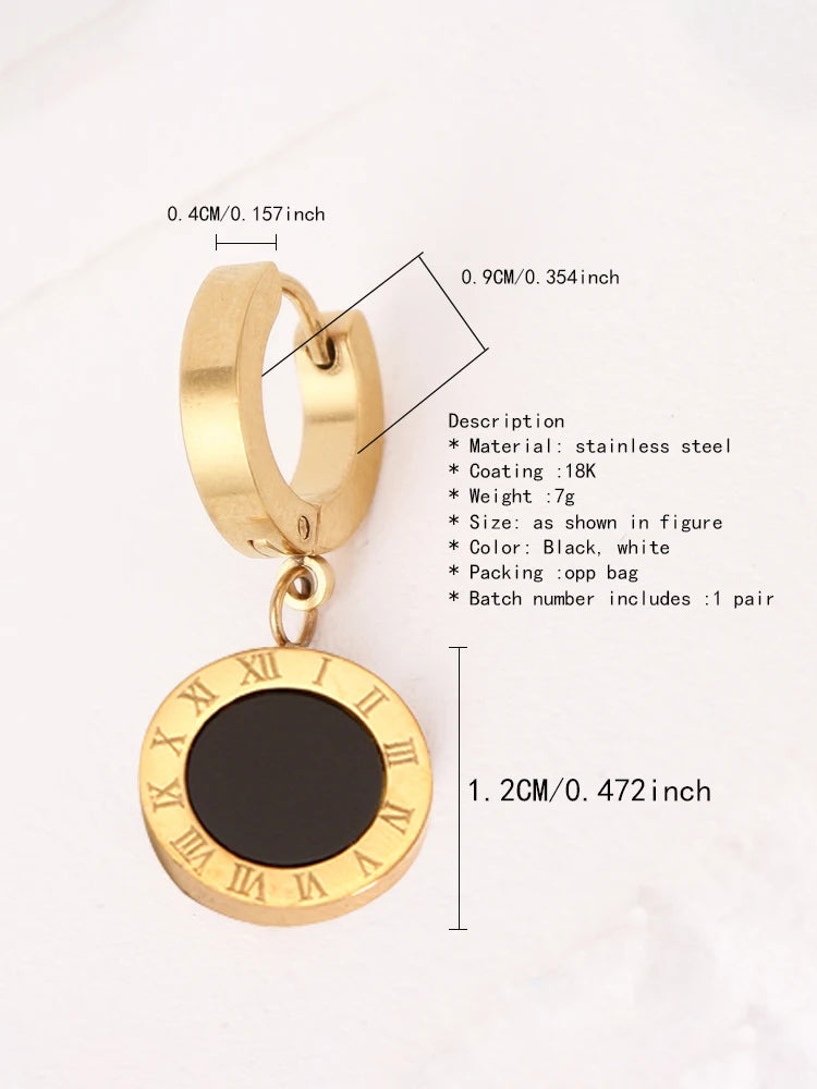 Stainless steel Roman numerals Black and white shell hoops earrings Drop studs Engagement wedding earrings for women